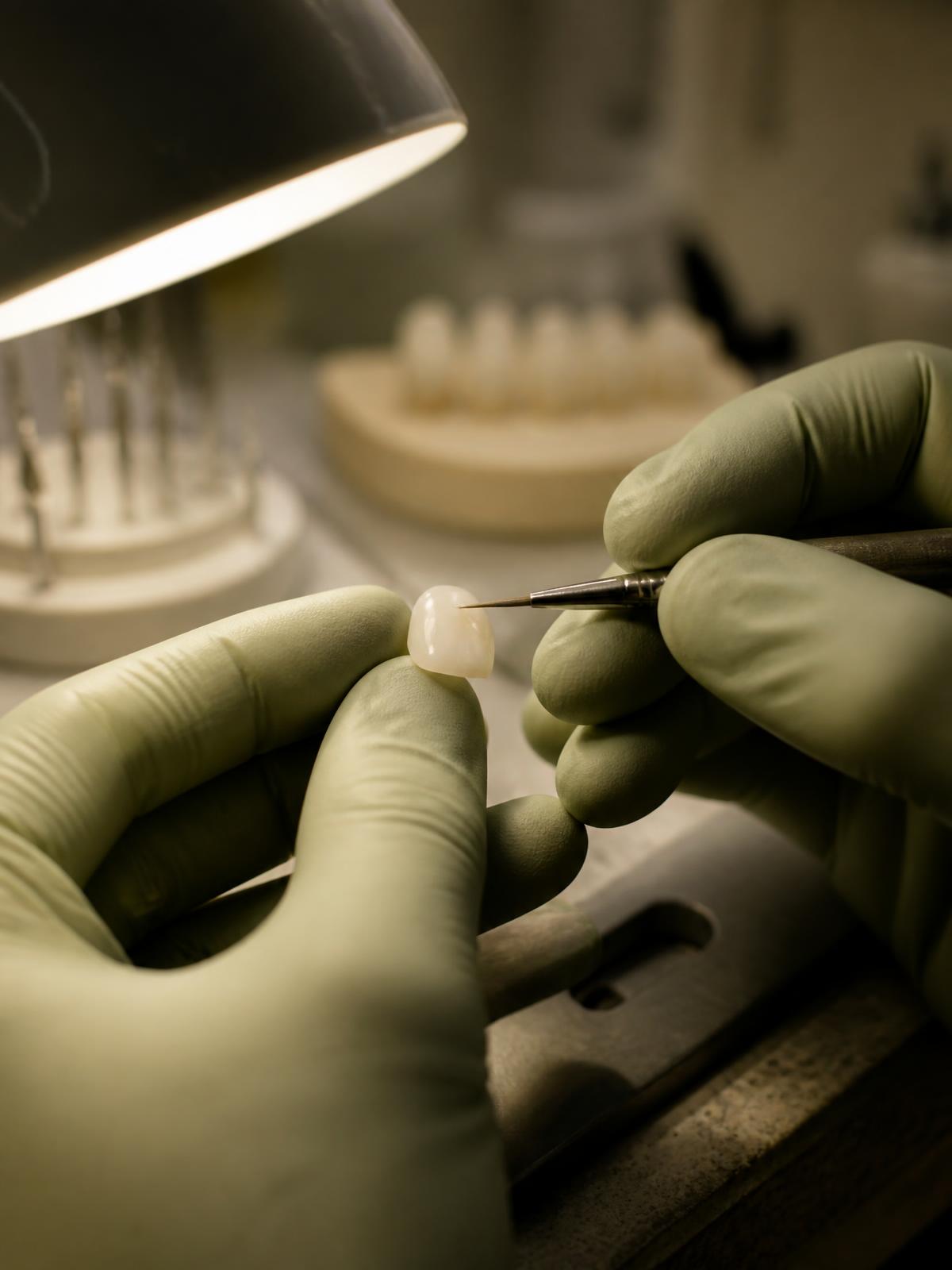 Acabamento manual de uma lente cerâmica no laboratório