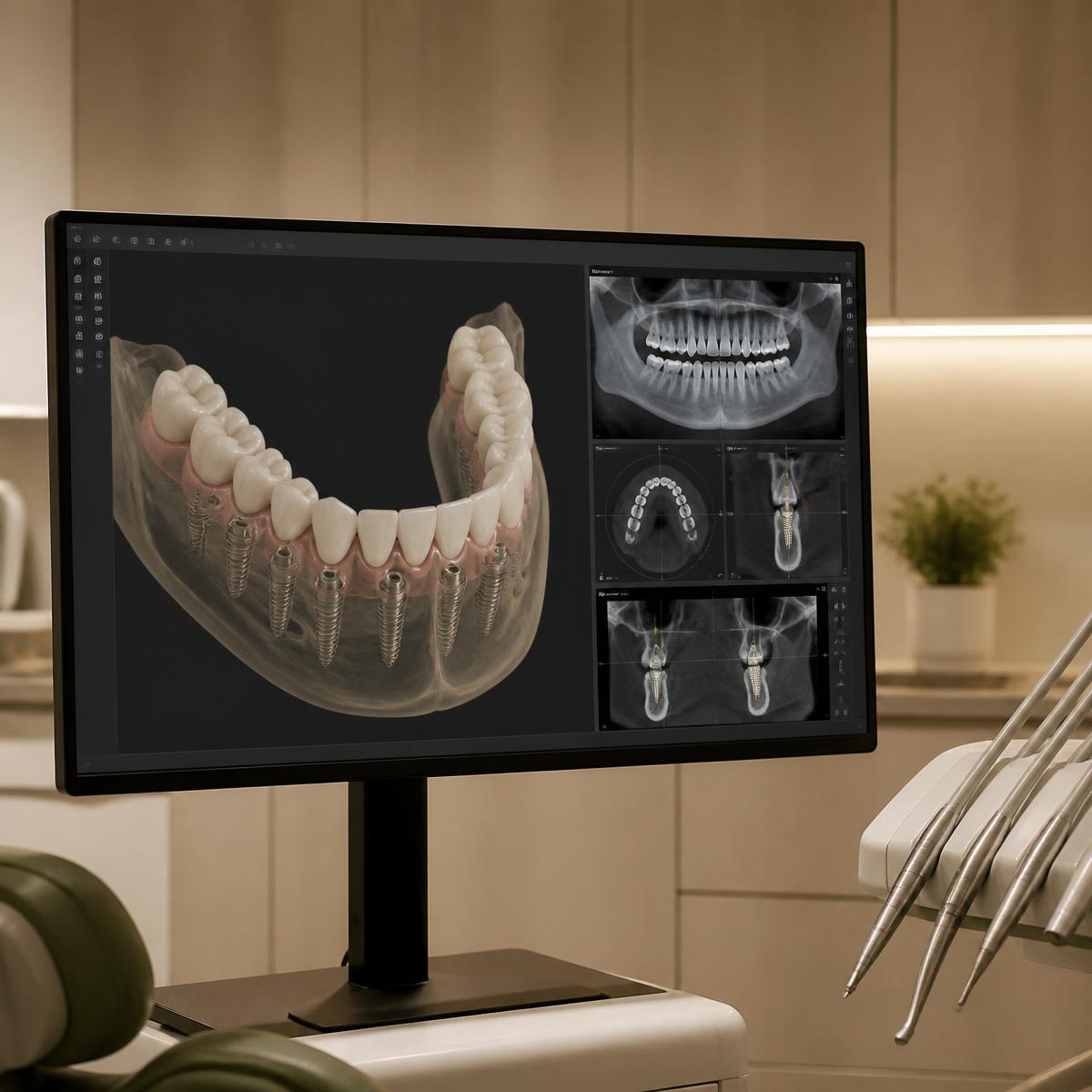 Planejamento digital em 3D do arco com implantes na tela do consultório